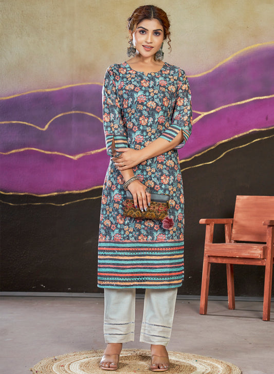 mingora pure cotton lucknowi digitaliy printed kurta pant set