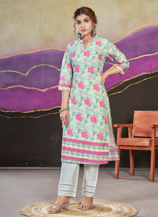 mingora pure cotton lucknowi digitaliy printed kurta pant set