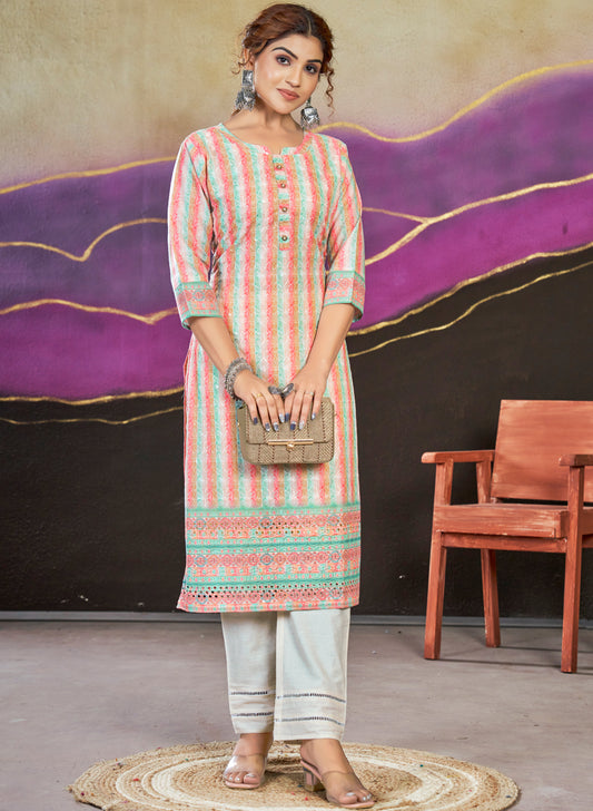 mingora pure cotton lucknowi digitaliy printed kurta pant set